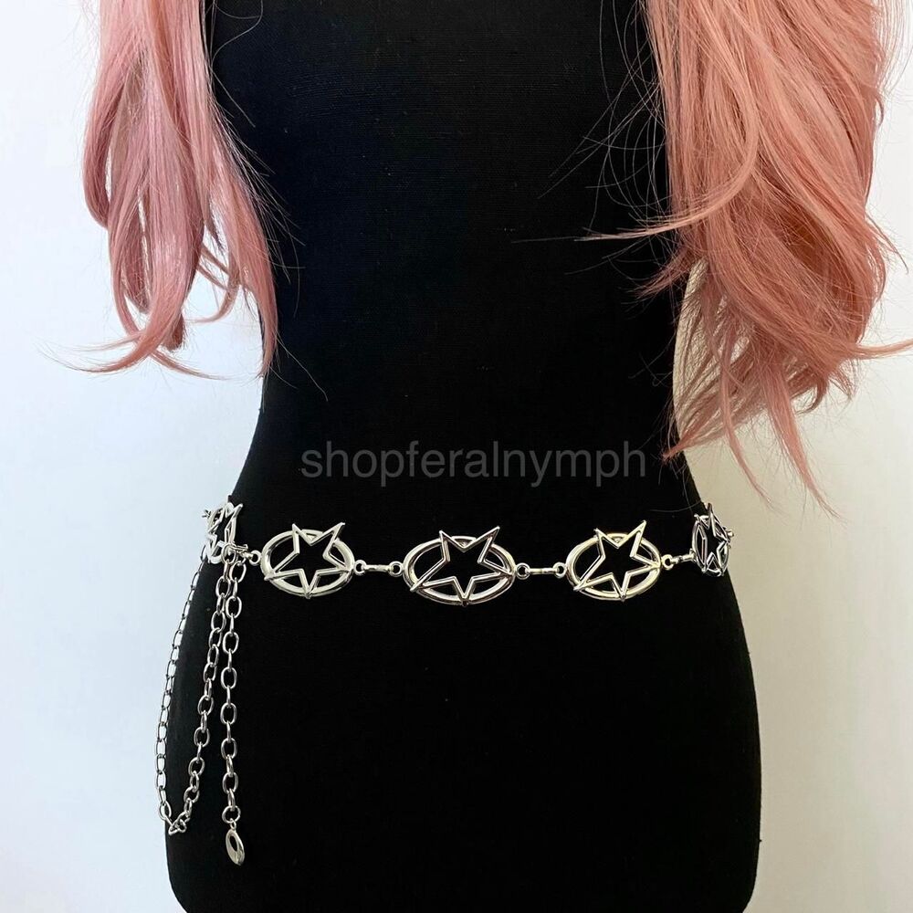Silver Y2K Oval Star Cutout Chain Belt, Fits 27.5-47.5 Inches, X7GA1285